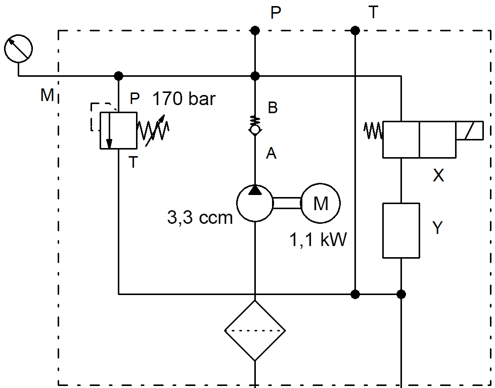 Diagrama de conexión ARGO HYTOS Grupo Hidráulico, Grupo Compacto 1,1kW, 6 Litros Tanque Redondo (Acero), Bomba de Engranaje 3,3 cm3/U, Versión Básica