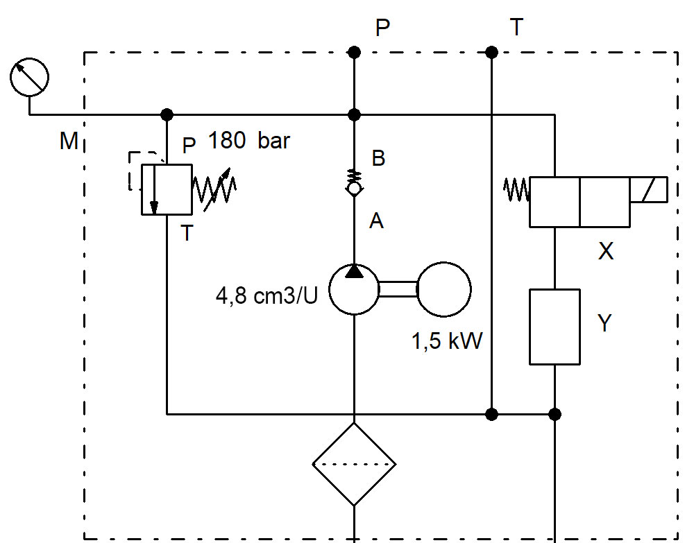Scheme ARGO HYTOS Hydraulic Power Pack, compact power pack 1.5 kW, 8 liter oil reservoir (steel), 4.8 ccm/REV gear pump, basic version