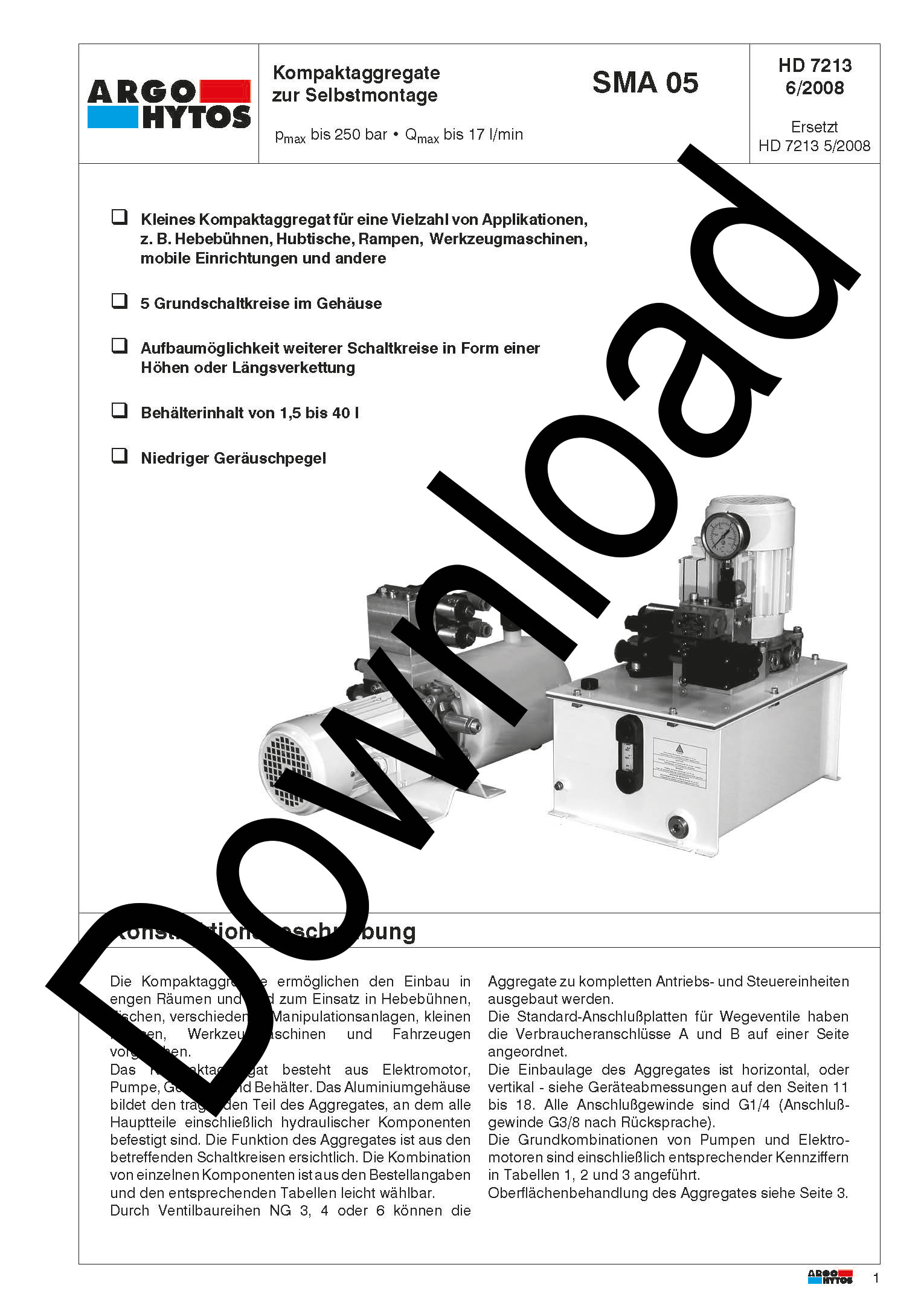 Catalog image ARGO HYTOS Hydraulic Power Pack, 3 kW, 40 liter oil reservoir square (steel)