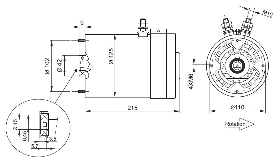 Abmessungen Seite und Front, HYDRONIT Hydraulikaggregat, Kompaktaggregat, DC Antriebsmotor, 4/3-Wegeventil für 1 doppelt wirkenden Verbraucher
