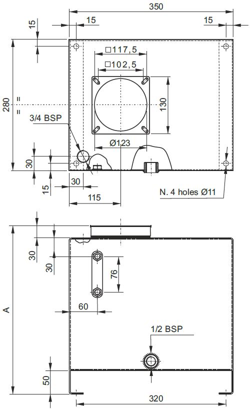 Abmessungen HYDRONIT Hydraulikaggregat, Kompaktaggregat, DC Antriebsmotor, 4/3-Wegeventil für 1 doppelt wirkenden Verbraucher