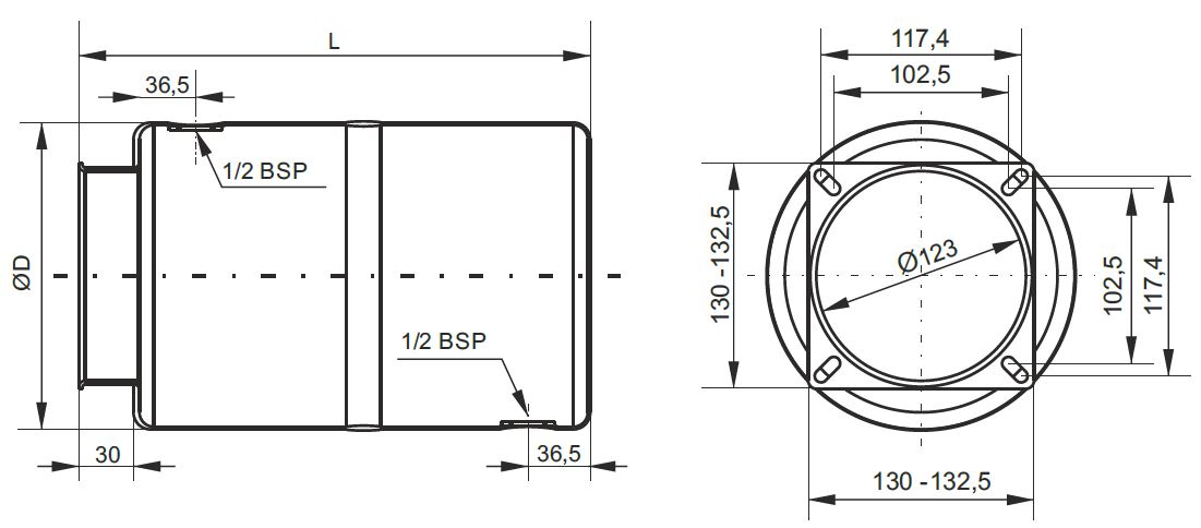 Abmessungen Seite und Front, HYDRONIT Hydraulikaggregat, Kompaktaggregat, DC Antriebsmotor, 4/3-Wegeventil für 1 doppelt wirkenden Verbraucher