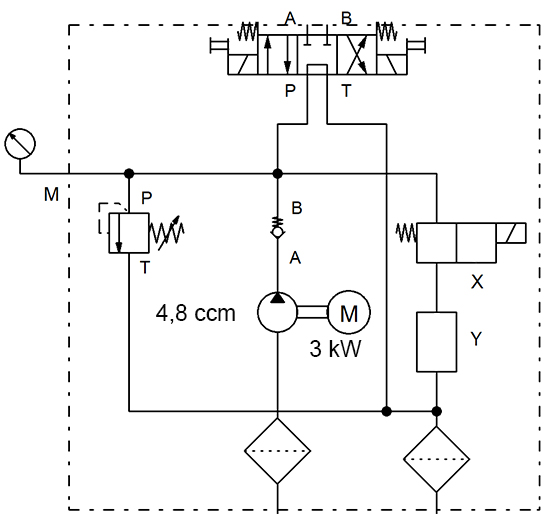 Scheme ARGO HYTOS Hydraulic Power Pack, 3 kW, 8 liter oil reservoir square (steel), 4.8 ccm/REV gear pump, for double acting use