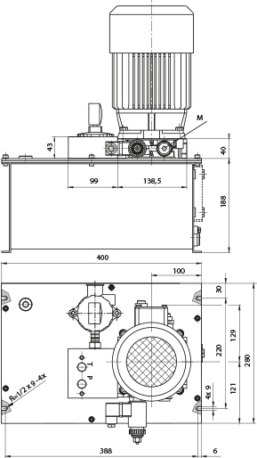 Dimensions ARGO HYTOS Groupe hydraulique, 3kW, réservoir rectangulaire de 10 l (acier)