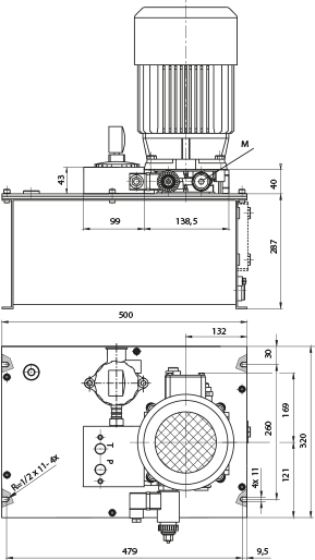 Dimension ARGO HYTOS Groupe hydraulique, 3kW, réservoir rectangulaire de 30 l (acier), pompe à engrenages de 7,9 cm3/tr, version de base