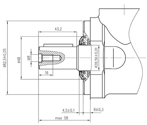 Abmessung Hydraulikmotor M+S MR160 mit Wickelschutz für Kehrbesenantrieb