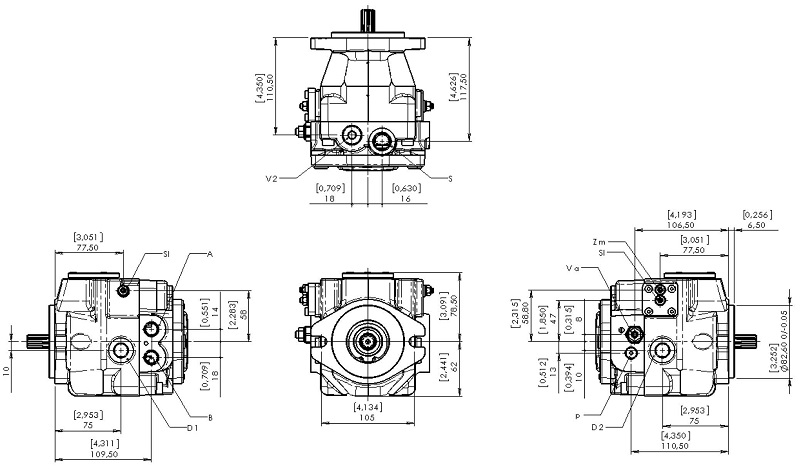 Dimensiones BOMBA HIDRÁULICA, BOMBA DE PISTONES AXIALES DE DESPLAZAMIENTO VARIABLE C1