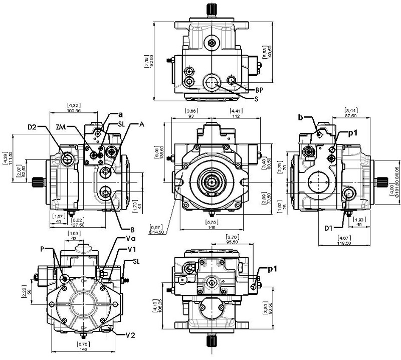 Dimensiones BOMBA HIDRÁULICA, BOMBA DE PISTONES AXIALES DE DESPLAZAMIENTO VARIABLE C2