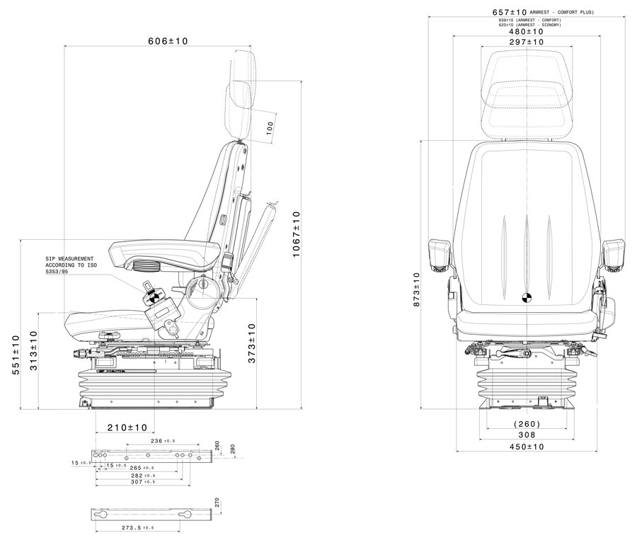 Dimensions Siège de véhicule commercial à suspension mécanique