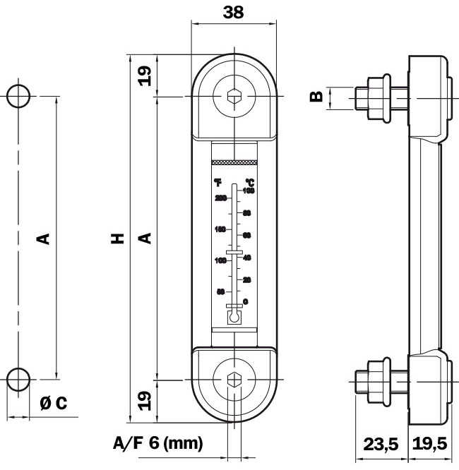 Dimensiones del indicador de nivel con termómetro, tipo LVA-10