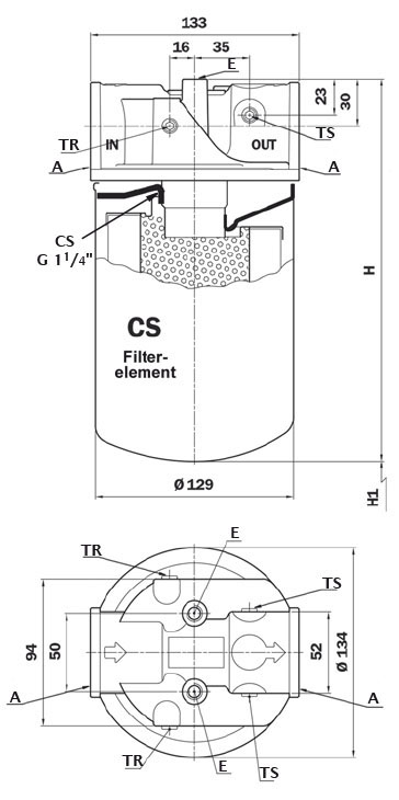 Abmessung Rücklauffilter, Rohrleitung, Qmax. 138 l/min, 25 µm nom., Typ MPS-100