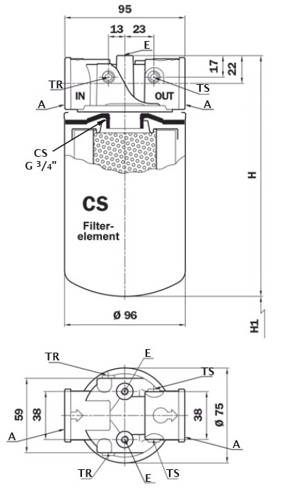 Dimensions Filtre d'aspiration,montage en ligne, Qmax. 35 l/min, 25 µm abs, type MPS-150