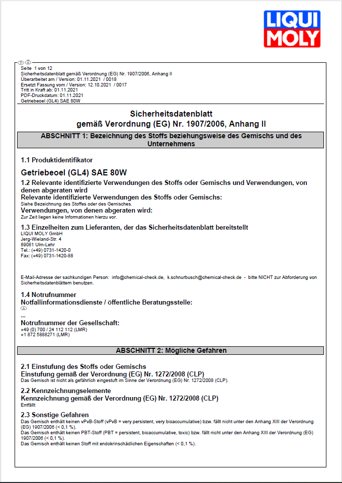Spezifikationen Getriebeöl (GL4) SAE 80W - 500 ml