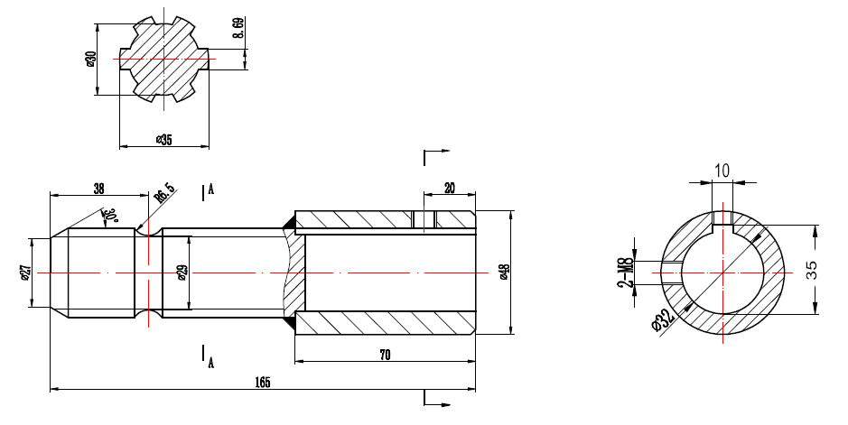 Zapfwellenadapter, Profilhülse 32mm mit 6-Zahn Zapfen 1.3/8 mit Bohrungen