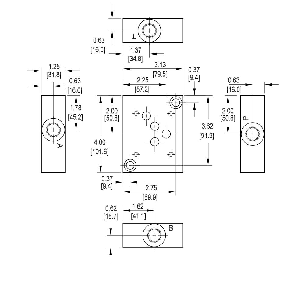 Abmessung Grundplatte 1-fach NG10 (CETOP 5), Stahl, Anschlüsse seitlich