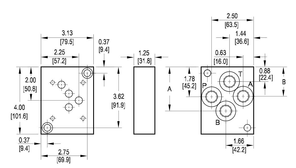 Abmessung Grundplatte 1-fach NG10 (CETOP 5), Stahl, Anschlüsse seitlich