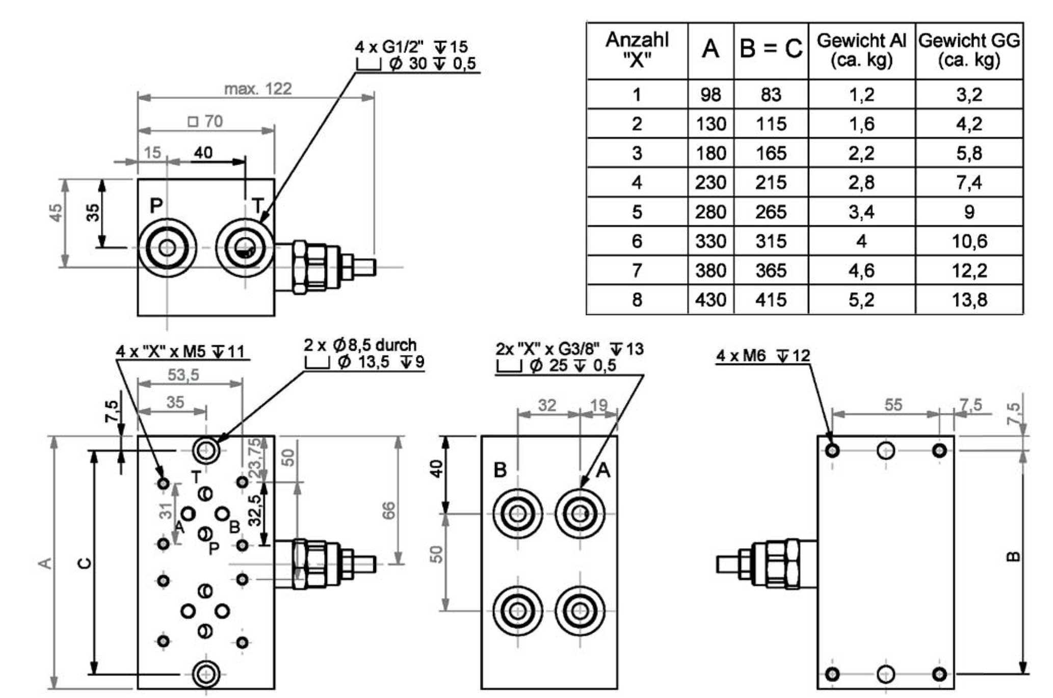 Abmessung Grundplatte 3-fach NG06 (CETOP 3), Stahl,DBV