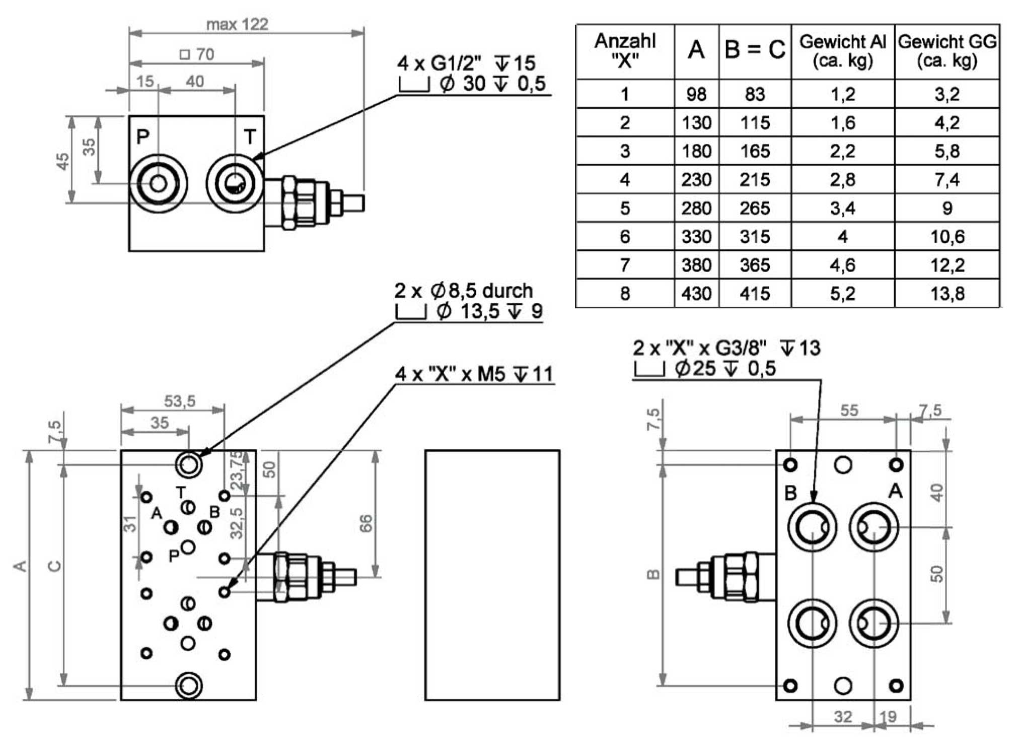 Abmessung Grundplatte 6-fach NG06 (CETOP 3), Stahl, DBV