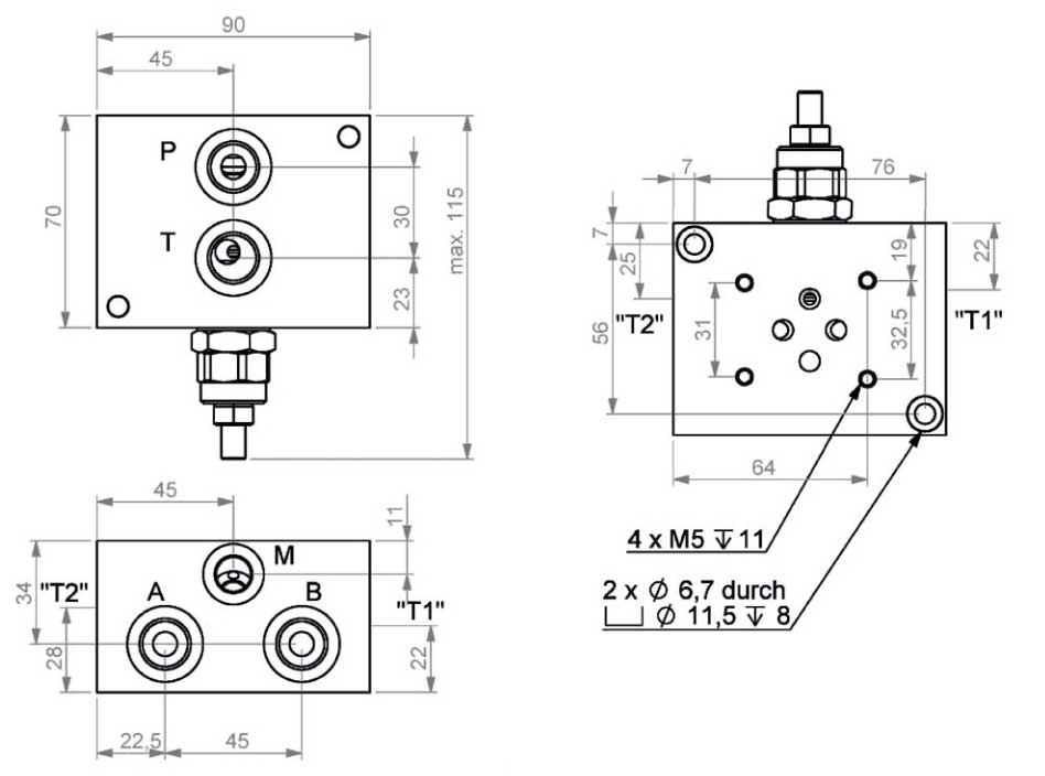 Dimension Manifold 1-stage CETOP 3, Aluminium, with pressure relief valve