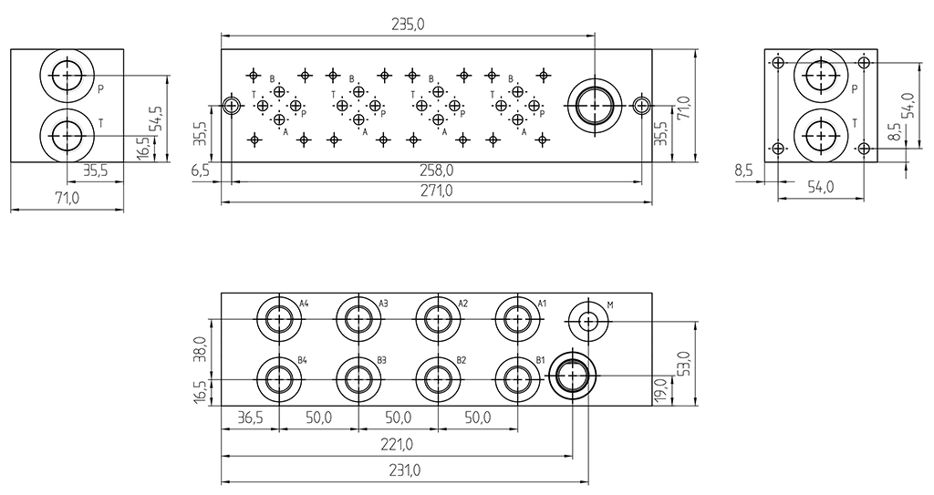 Abmessung Grundplatte 4-fach NG06 (CETOP 3), Aluminium, mit DBV