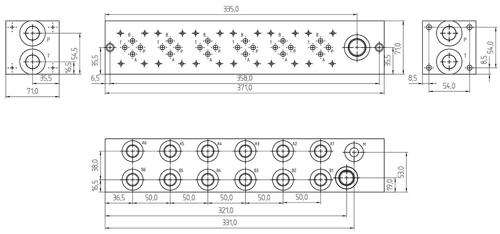Dimensioni Piastra base sestupla NG06 (CETOP 3), alluminio, con DBV