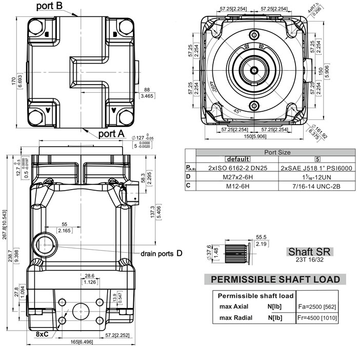 Abmessungen Hydraulikmotor, Axialkolbenmotor, Welle verzahnt ø37,6, SAE 23T 16/32 DP, 350 bar, 63 - 100 cm3/U, Typ MAP4C_SR