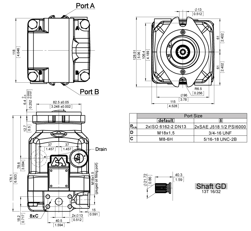 Dimnension Hydraulic motor, Axial Piston Motor, Splined Shaft 13T, 16/32 DP, 350 bar