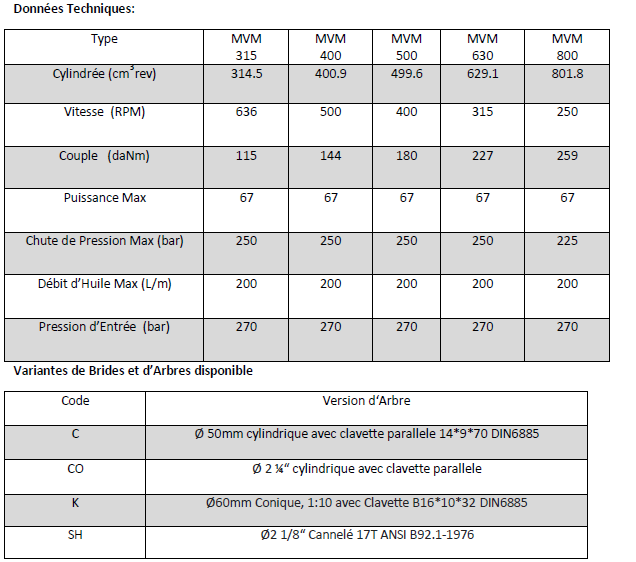 Données Techniques Moteur Hydraulique, M+S, MVM315C2