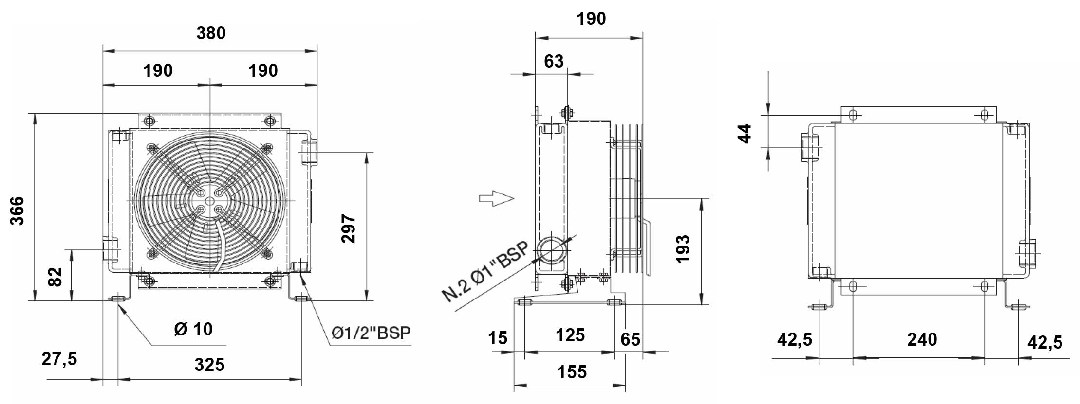 Abmessung Hydraulikölkühler, Öl-Luftkühler, 24 Volt, Typ 4024