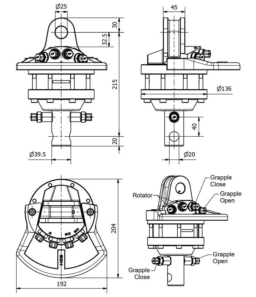 Abmessungen Rotator für Holzgreifer, Holzzange, Verladezange, 1 Tonne, 350 Nm, 250 bar, 360°