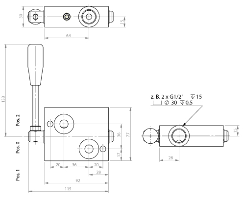 Abmessung Hydraulikventil, Abschaltventil mit Durchflussregelventil für CPM und CPRM Hydraulikmotor