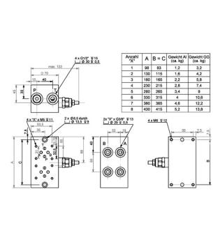 Preview: Grundplatte 3-fach NG06 (CETOP 3), Stahl, mit Druckbegrenzungsventil DBV
