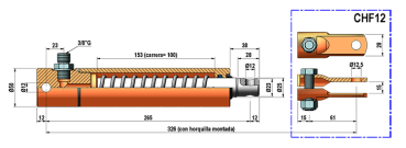 Preview: Zeichnung Bremszylinder hydraulisch, einfachwirkend mit Rückholfeder für Anhänger, Rückewagen, Kipper