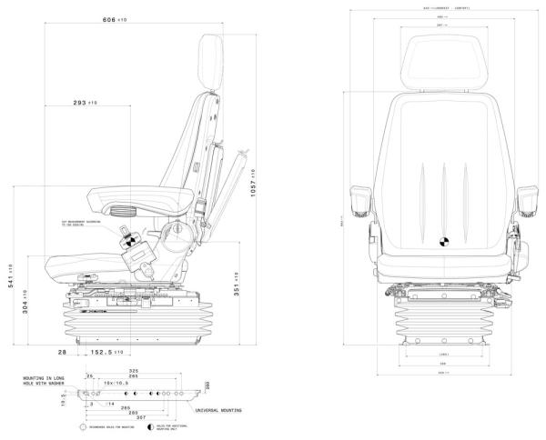 Pneumatical Suspended Seat for off road vehicles HMNFZT6, tractors Harita Terra T6 with long Backrest - PVC -