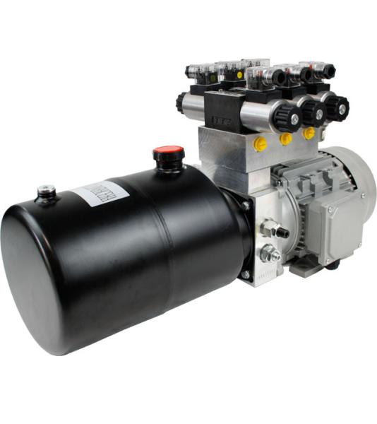 HYDROMOT Grupos hidráulica, 3kW, 400 voltios, tanque redondo de 12 litros (acero), bomba de engranajes de 7,8 cm³/U, para 3 consumidores de doble efecto