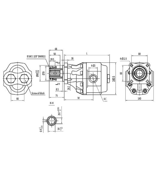 Hydraulikpumpe, Zahnradpumpe, Gusspumpe, 120 cm³/U, Hohlwelle P.T.O mit Schnappring, 4-loch Flansch, G1 1/4", reversierbar