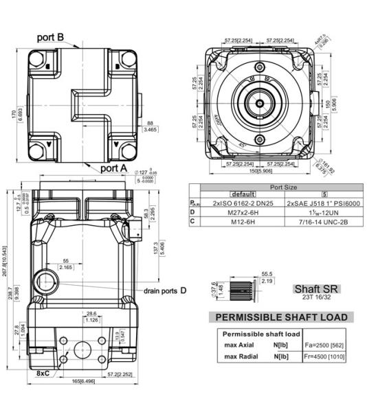Hydraulikmotor, Axialkolbenmotor, Welle verzahnt ø37,6, SAE 23T 16/32 DP, 350 bar, Typ MAP4C63SR